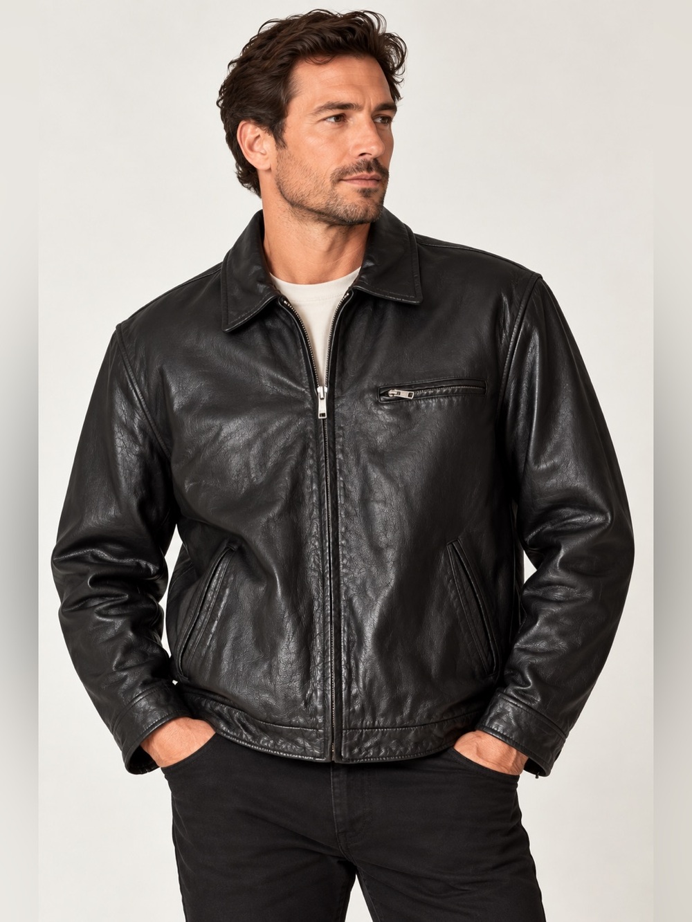 London Fog Vintage Black Genuine Leather Bomber Jacket Men's Large Y2K